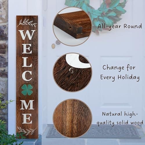 Perfnique Interchangeable Welcome sign for front porch standing, 47 x 7.9 Inch Black Wooden Leaner Sign with 10 Interchangeable Designed Icons, Morden Farmhouse Rustic Seasonal Decor for Spring thumbnail 5