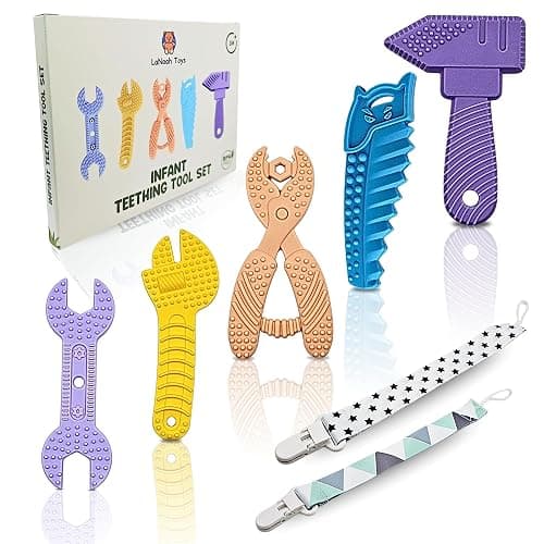 LaNoah Toys Infant Teething Tools Set: Includes 2 Clips! Soft BPA Free Teething Toys, 5 Piece Construction Set, Baby Boy Essentials Einstein, Gift for Infant Toddler Boy Girl - Image 1