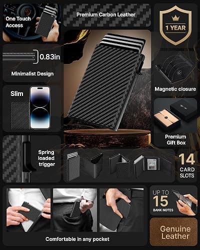 typecase Mens Wallet Card Holder: Pop Up Aluminum Case, Genuine Leather, Smart, RFID Blocking, Slim, Minimalist, Front Pocket - 9-14 Card Capacity | ID Window | Cash Slot (Carbon Fiber) thumbnail 2