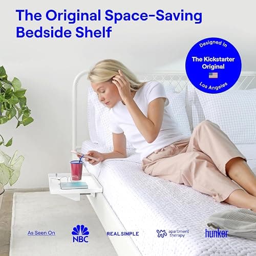 BedShelfie Bedside Shelf for Dorm Room Bunk Bed & Top Bunk, College Dorm Room Essentials, Bedside Caddy, Clip on Floating Desk Tray, Bed Side Table Storage, Loft Nightstand Decor - Cable Catch, White - White - CableCatch (Hard Plastic 12.5 x 9.25 inches) thumbnail 2