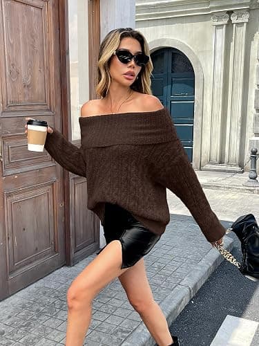 ELLEVEN Women’s Off Shoulder Cable Knit Sweater, Soft Oversized Pullover for Casual Fall Winter Outfits thumbnail 6