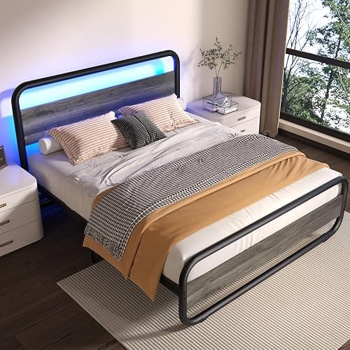 Catrimown Queen Bed Frame with LED Lights, Heavy Duty Metal Rustic Platform Bed Frame Queen Size, with Headboard, Under Bed Storage, Noise Free, No Box Spring Needed, Wash Gray thumbnail 8