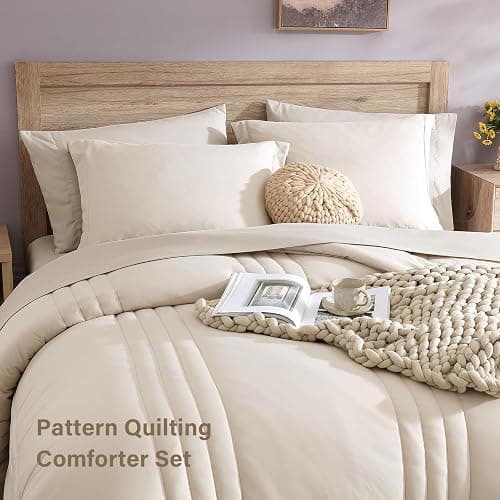 Queen Comforter Set-7 Pieces Beige Soft Bed in a Bag Queen Bedding Sets | Monbix All-Season Vertical Quilted Comforter with Sheets, Pillow Shams & Pillowcases thumbnail 5
