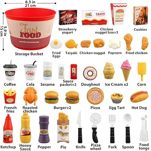Hydeem 80 Pcs Pretend Play Food Toy for Kids Kitchen Aged 3 4 5, Fast Food Set with Storage Bucket, Pizza, Burger, Ice Cream, Hot Dog, Educational Birthday Toy Gift for Boys Girls thumbnail 3