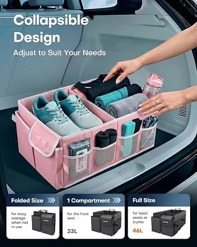 HOTOR Trunk Organizer for Car - Car Organizer, Foldable Trunk organizer for SUVs & Sedans, Sturdy Organization for Car Accessories, Tools, Sundries, Pink, 2 Compartments, 21.3"×12.6"×10.6" thumbnail 4