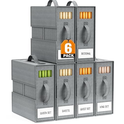 6 Pack Sheet Organizers and Storage, Thickened & Durable Sheet Organizer | Sheet Holders with Label Window & Handles, Bed Sheet Storage for Linen Closet, Bedding Storage Boxes for Queen & King Sheet - Image 1