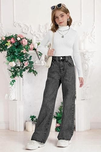 Fulihug Girls Wide Leg Jeans Baggy Bow Embroidery High Elastic Waist Denim Pants Cute Y2K Trendy Tween Streetwear 8-16Y thumbnail 2
