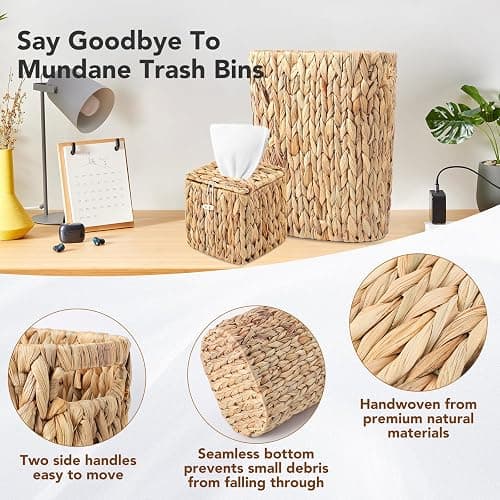 Wicker Trash Can and Square Tissue Box Cover, 4 Gallon Water Hyacinth Bathroom Trash Can, Handwoven Napkin Holder, Narrow Small Waste Basket, Rustic Decorative Home Set for Bedroom,Office (Khaki) thumbnail 3
