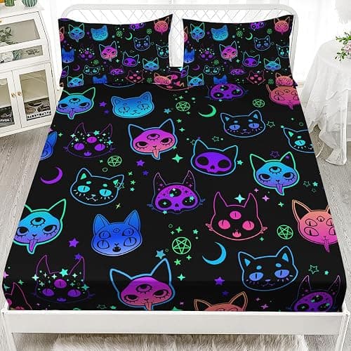 Axolotl Neon Cats Twin Cute Gradient Cat Bed Sheets, Flat & Fitted Sheet 2 Pillow Cases, Black thumbnail 2