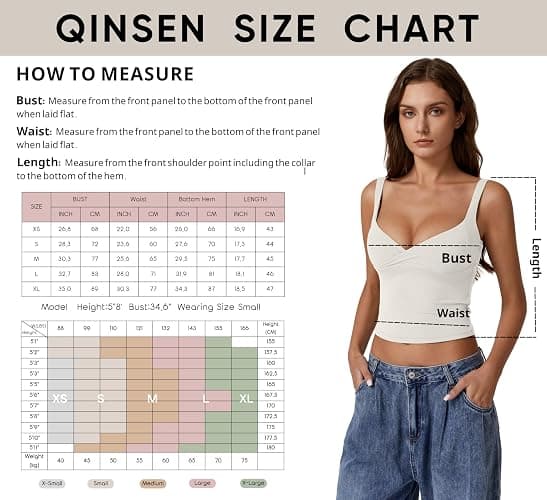 QINSEN Women's V Neck Tank Tops Double Lined Adjustable Strap Camisole Shirt thumbnail 6