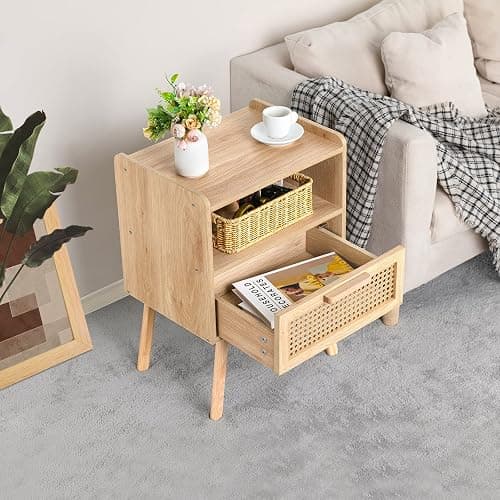 Lerliuo Rattan Nightstand, Boho Side Table with Drawer Open Shelf | Cane Accent Bedside End Table with Solid Wood Legs for Bedroom, Dorm and Small Spaces (Natural) thumbnail 7