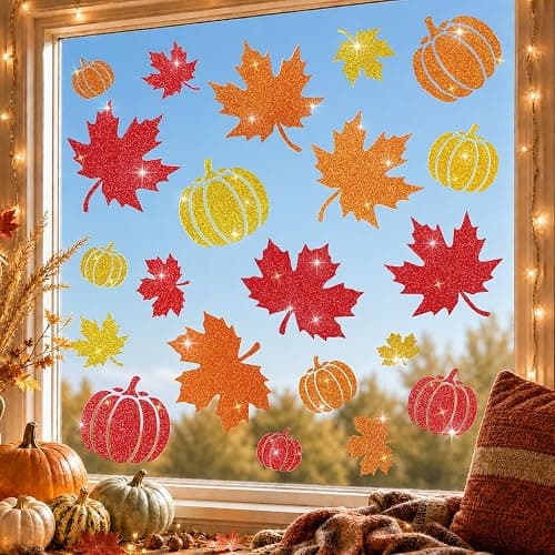 Glitter Fall Window Clings Autumn Thanksgiving Window Stickers Decals Decor | 6 Sheets Window Decals with Sparkling Powder, Happy Fall Decorations for Home Office School Classroom Kids Room Indoor Party thumbnail 4
