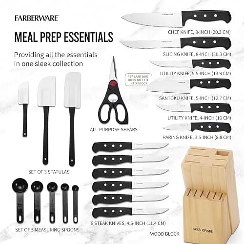 Farberware Knife Block Set 22-Piece Kitchen Knife Set with High-Carbon Stainless Steel Blades, Non-Slip Handles, Chef Knife, Santoku, Steak Knives, Scissors, Sharpening Steel, and Storage Block thumbnail 4