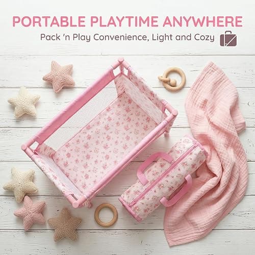 Baby Doll Crib for 12-18 Inch Dolls, Chyyeerkidd Pack and Play Pink Floral Baby Doll Bed with Carry Bag, Travel-Friendly Reborn Baby Doll Accessories for Girls Ages 3+, Easy Assembly (White) thumbnail 7