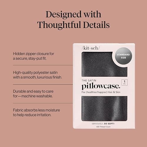 Kitsch Satin Pillowcase with Zipper - Standard Size, Charcoal | Softer Than Silk Pillow Cases, Smooth Cooling Satin Pillow Case for Hair and Skin, Wrinkle-Free, Machine Washable thumbnail 4