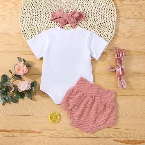 Fernvia Infant Baby Girls Easter Outfits Short Sleeve Rabbit Print Romper Elastic Waist Shorts with Hairband 3Pcs Clothes Set thumbnail 3