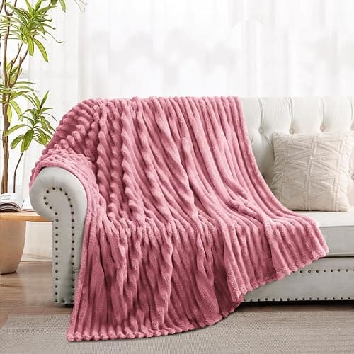 RUIKASI Fleece Throw Blanket for Sofa - Single Fluffy Pink Throws for Sofas Large, Soft Warm Blanket Throw for Couch, Luxury Decorative Ribbed Bed Blanket 130x150cm thumbnail 3