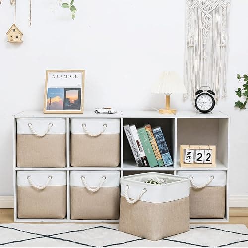 MidmmVick 11 x 11 Inch Cube Storage Bins, 6 Pack Large Collapsible Fabric Storage Bin with Ropes, Foldable Storage Cubes for Home, Office,Closet, Clothes, Toys Organizer (White & Beige-11"x11"x11") thumbnail 2