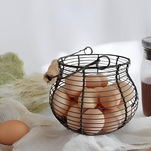 LINCOUNTRY. Farmhouse Wire Egg Baskets for Gathering Fresh Egg With Handle, Round Metal Chicken Basket Collecting Fresh Egg Holder, Vintage Style for Countertop Kitchen thumbnail 7