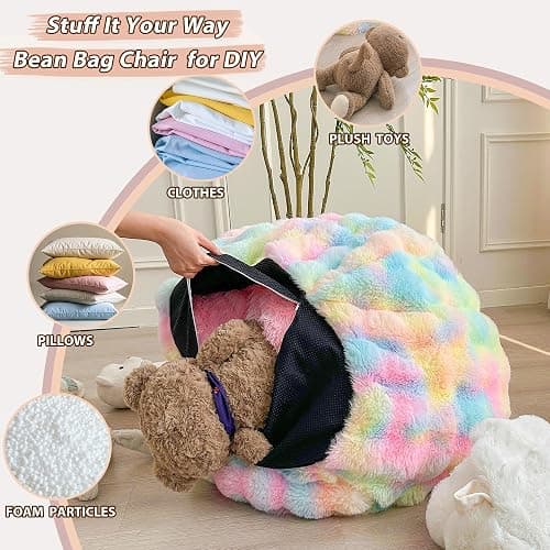 LIFEREVO Kids Fluffy Faux Rabbit Fur Bean Bag Chair Cover (No Filler), Soft Luxury Fuzzy Stuffed Animal Storage Bubble Bean Bag for Plush Toys, Cute Shaggy Furry Beanbag Cover Kids Girls Adults, Pink thumbnail 3
