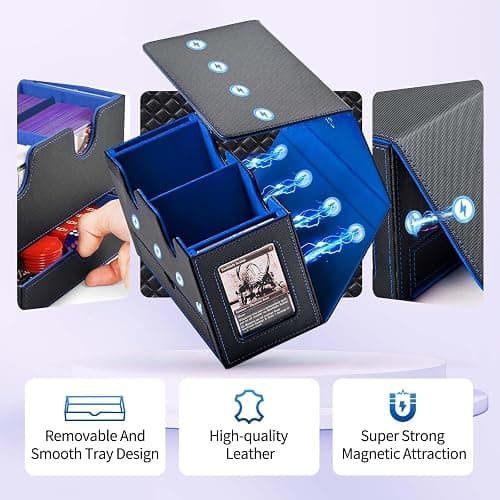 UAONO Card Deck Box for MTG, Double Deck Storage Box with 2 Commander Display & 1 Dice Tray, Fits 200+ Double Sleeved, Card Organizer for CCG TCG Sports (Black Blue) thumbnail 5