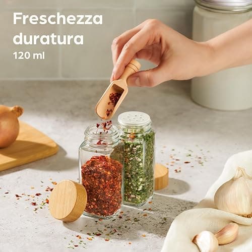 Praknu Barattoli Vetro per Spezie con Coperchi - Set da 12 - Coperchio in Bambù - 120ml - Inclusi Etichette, Spazzola & Cucchiaio in Legno - Contenitori Spezie per Cucina thumbnail 2