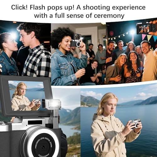 4K Digital Camera for Photography, 48MP Vlogging Camera for YouTube 2.8" 180° Flip Screen 18X Digital Zoom Compact Travel Cameras with 64GB SD Card & Card Reader,Mini Tripod,2 Batteries thumbnail 4