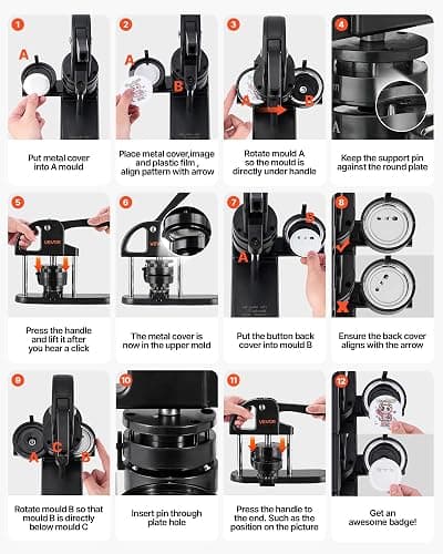 VEVOR Button Maker Machine 1/1.25/2.25 inch(25/32/58mm) 3-in-1 Pin Maker | with 300pcs Button Parts, Children DIY Presents, Ergonomic Arc Handle Punch Press Kit, Panda Magic Book, and Circle Cutter thumbnail 7