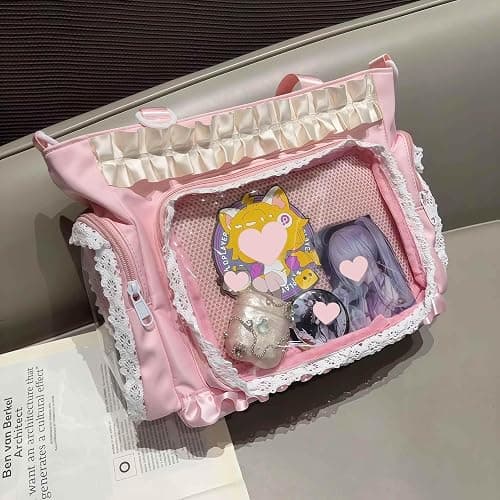ita crossbody tote bag, pin display with Insert large messenger bag, cute tote bag with zipper ruffle, japanese aesthetic y2k thumbnail 6