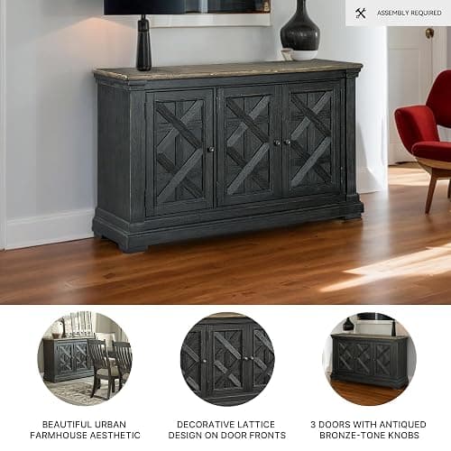 Signature Design by Ashley Tyler Creek Vintage Casual Dining Room Buffet Cabinet or Server with 3 Doors and Lattice Design, Wood, 36" High, Black & Gray thumbnail 4