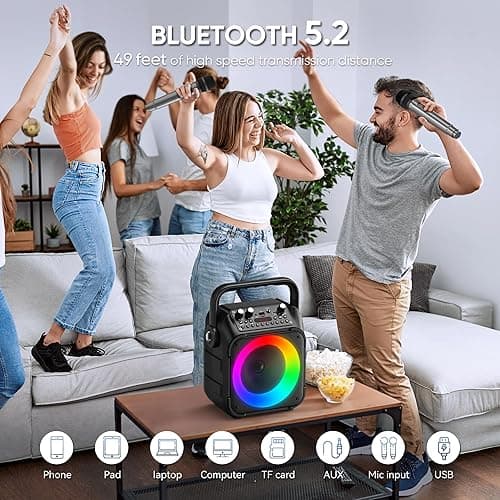 Karaoke Machine, Portable Bluetooth Speaker with 2 Wireless Microphones for Adults & Kids with Lights, Karaoke Microphone with PA System Supports USB/TF/REC/FM/AUX for Home Party thumbnail 2