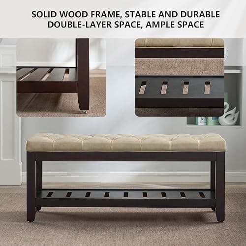 adochr PU Leather Large Rectangular Ottoman with Storage,Upholstered Entryway Bench for Living Room, Oversized Button Tufted Ottoman with Wood Shelf Storage, Ivory thumbnail 7