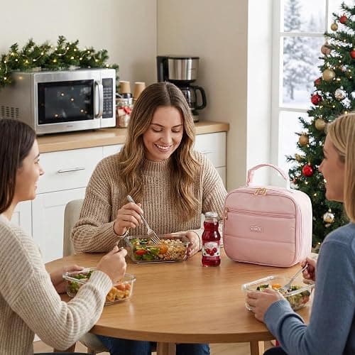 Aosbos Insulated Lunch Bag for Women - Cute Small Quilted Lunch Box Cooler for Work, Office, Picnic - Soft, Portable Adult Lunch Bags, Pink thumbnail 2