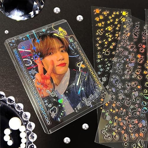 24 Sheets Holographic Kpop Deco Stickers Korean Stickers for Photocards Self Adhesive Clear Glitter Star Moon Butterfly Bubbles Decals for Album Scrapbook Journal Planner for DIY Decoration thumbnail 2