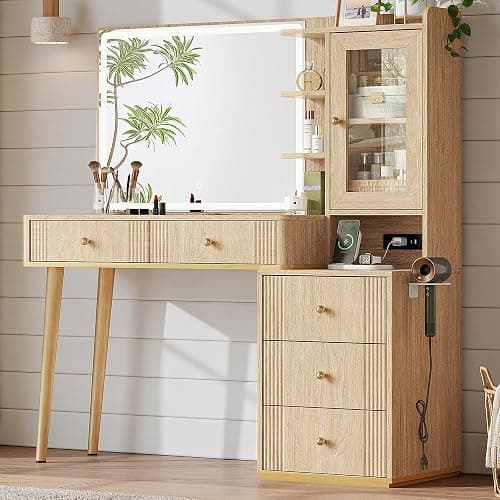 LINSY Wood Vanity with Glass Top, Makeup Vanity with Storage Drawers, Boho Fluted Vanity Desk with Mirror and Lights, Large Dressing Table with Cabinet and Outlet for Bedroom, Women, Girls - Image 1
