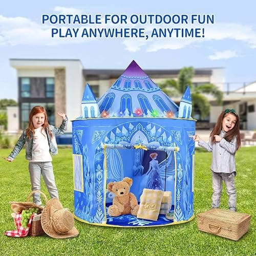 Amplov Princess Pop Up Play Tent, Frozen Toys for Girls, Large 53" x 41" Indoor/Outdoor Ice Castle Playhouse with LED Lights and Carrying Bag, Ideal Gift for Ages 3-9 thumbnail 4