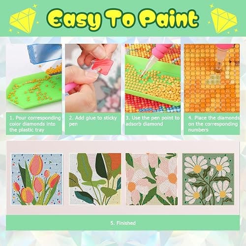 ICYANART 4 Pack Flowers Diamond Art Painting Kits for Kids, Flowers Diamond Art Kits for Kids Ages 4-8-12, Small Diamond Art Kits Gift and Home Wall Decor 6x6inch thumbnail 7