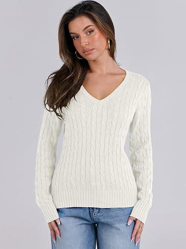 ANRABESS Womens Long Sleeve Cable Knit Sweater 2025 Fall Fashion V Neck Fitted Pullover Top Business Casual Work Fall Outfits thumbnail 3