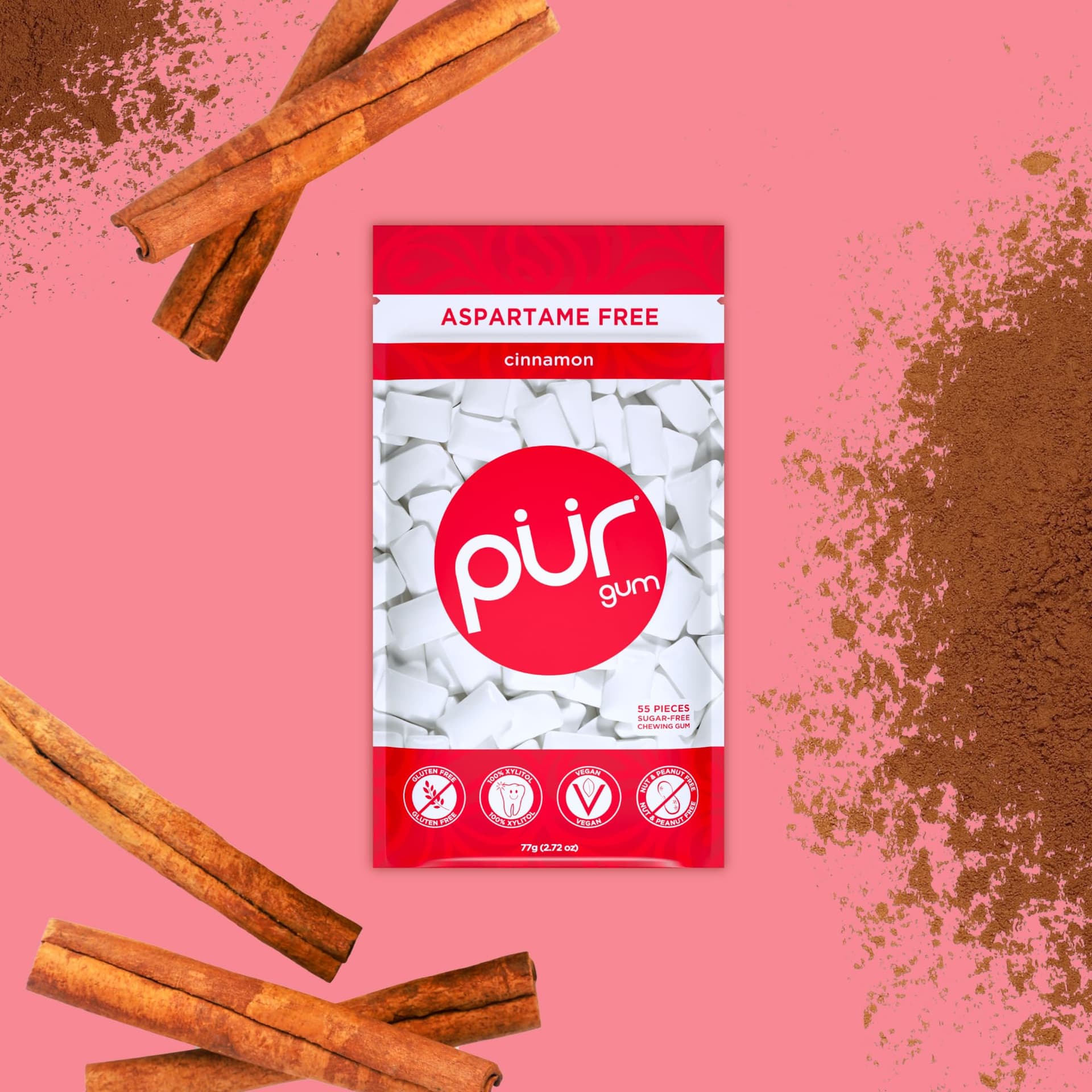 PUR Gum The Company | Sugar-Free + Aspartame-Free Chewing | 100% Xylitol | Cinnamon | Vegan + Non GMO | 55 Pieces per Bag (Pack Of 3, 165 Pieces) thumbnail 4