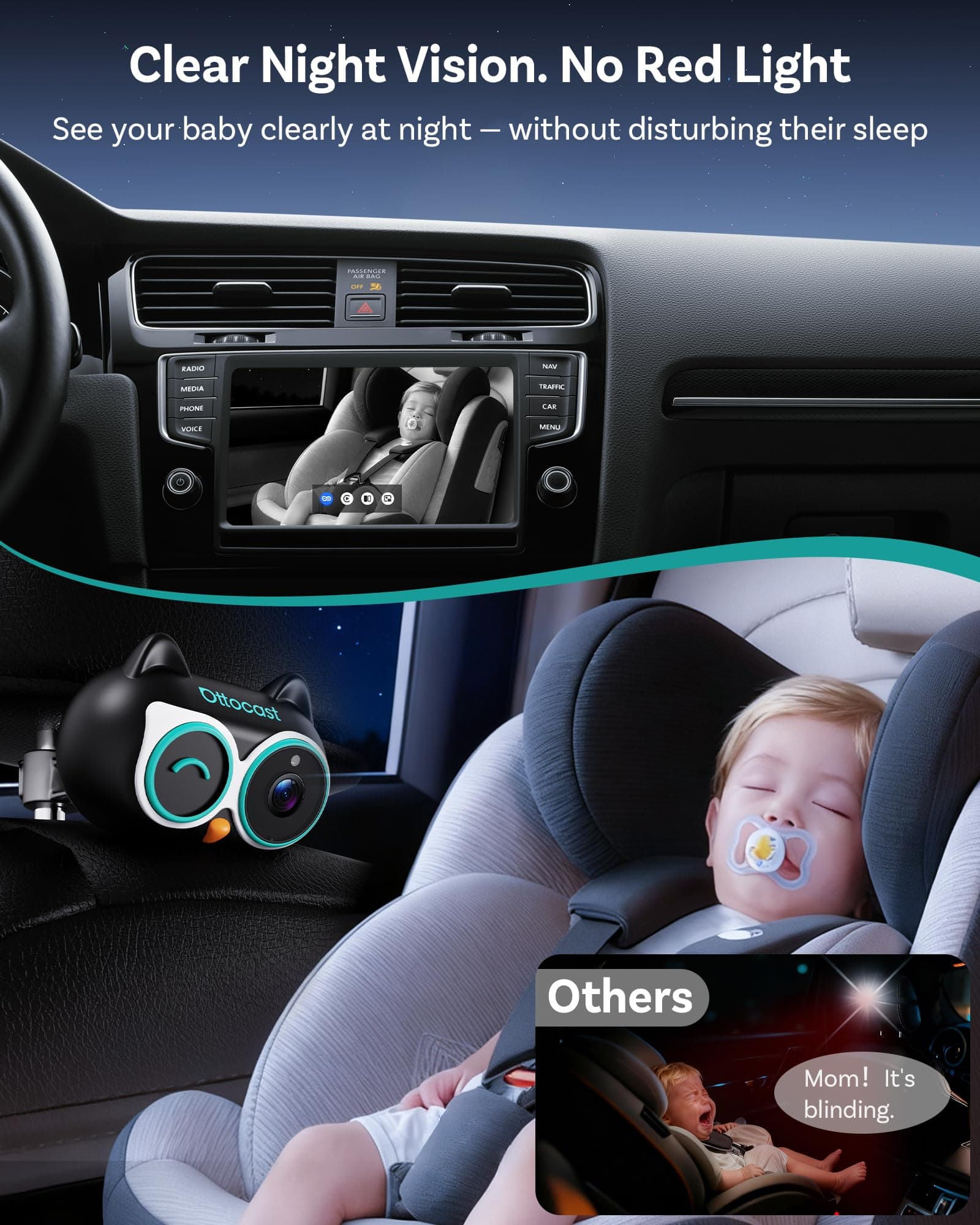 OTTOCAST Baby Car Camera &Wireless CarPlay Adapter,1080P HD Rear Seat Monitor Display on Car Screen,150°Wide Angle No-Glow Night View, Safety for Kids & Infants thumbnail 6