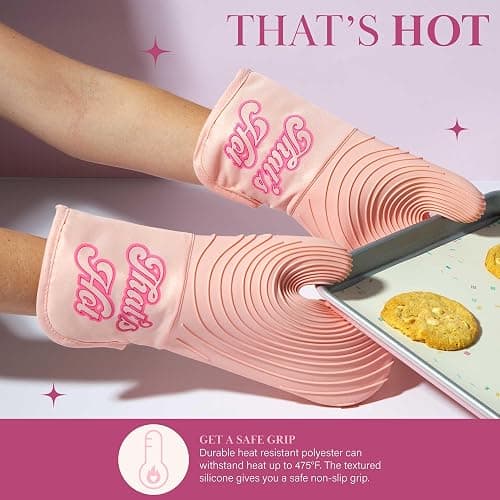 Paris Hilton Oven Mitt Set with Iconic That's HOT Design, Heat Resistant Pot Holders Featuring Non-Slip Textured Silicone Grips, 2-Piece Set, Pink thumbnail 4