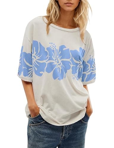 Anoumcy Cotton Oversized Hibiscus Tee Shirt for Women Floral Graphic Hawaiian T Shirts Casual Summer Vacation Loose Tops thumbnail 9