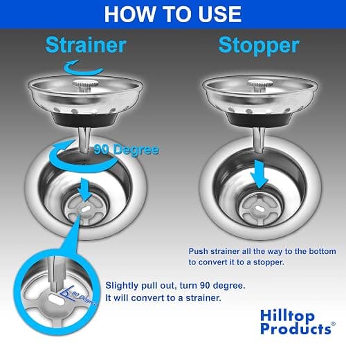 2 Pack - Kitchen Sink Strainer and Stopper Combo Basket Replacement for Standard 3-1/2 inch Drain, Stainless Steel Basket with Plastic Knob, Rubber Stopper Bottom - Hilltop Products thumbnail 5