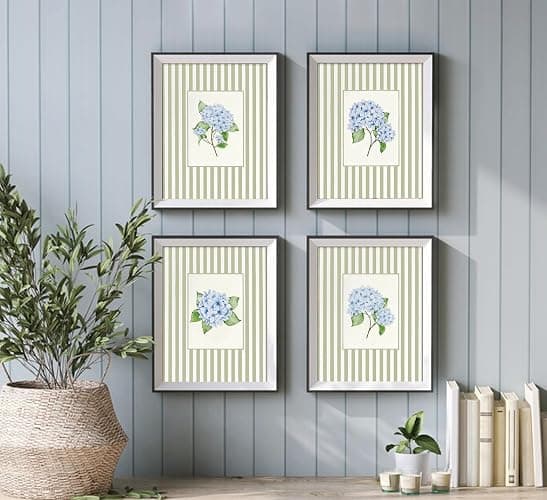 Blue Hydrangea Wall Art Sage Green Striped Rustic Farmhouse Floral Pictures Wall Decor French Country Botanical Posters Vintage Grandmillenial Flower Painting Print Artwork for Bedroom Dorm, Unframed thumbnail 9