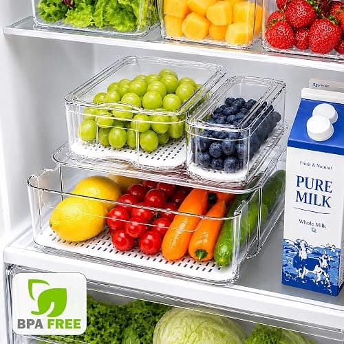 SMRCAD Clear Fridge Bins with Drain Trays - BPA-Free PET, Stackable (8) | 8 Pack: 1 Drawer + 7 lidded Bins, Helps Keep Produce Fresh, 18.3L Capacity, Hand Wash Only thumbnail 6