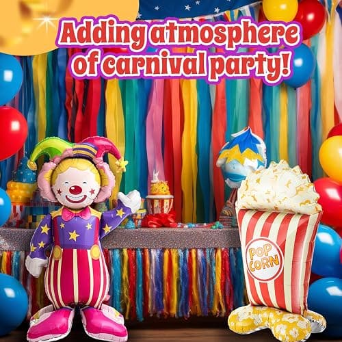 Charnoel 4 Pcs 4ft 3D Self Standing Popcorn Clown Balloons Giant Circus Carnival Foil Balloon for Carnival, Circus Themed, Movie Night Birthday Party Decoration thumbnail 6