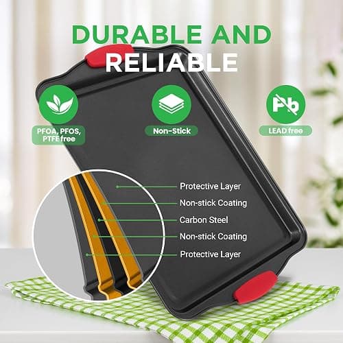 NutriChef 3-Piece Nonstick Kitchen Oven Baking Pans - Premium & Stylish Non-Stick Steel, Commercial Grade Restaurant Quality Metal Bakeware with Red Silicone Handles - Easy to Clean, NCSBS3S thumbnail 3