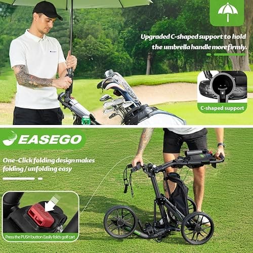 EASEGO Golf Push Cart 3 Wheel : Golf Caddy Pull Cart, One Click Folding Golf Bag Cart Lightweight Compact Golf Trolley with Cooler Bag, Umbrella, Cup & Phone Holder for Different Terrain thumbnail 7