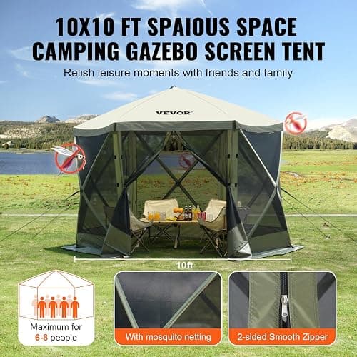 VEVOR Pop Up Gazebo Screen Tent 6 Sided Canopy Sun Shelter with 6 Removable Privacy Wind Cloths & Mesh Windows, 10x10FT Quick Set Screen Tent with Mosquito Netting, Army Green thumbnail 9