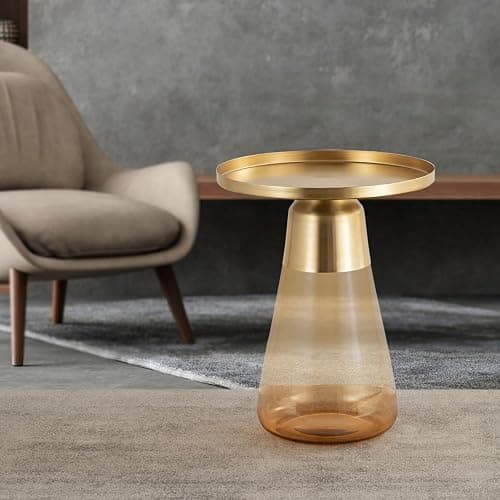 Modern Cylindrical Side Table with Glass Base and Sturdy Gold Metal Top, Tempered Glass, for Living Room & Bedroom, Amber,Assembled thumbnail 7